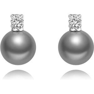 Platinum-Plated Silver Grey Pearl Drop Earrings – Square CZ Stud, Minimalist
